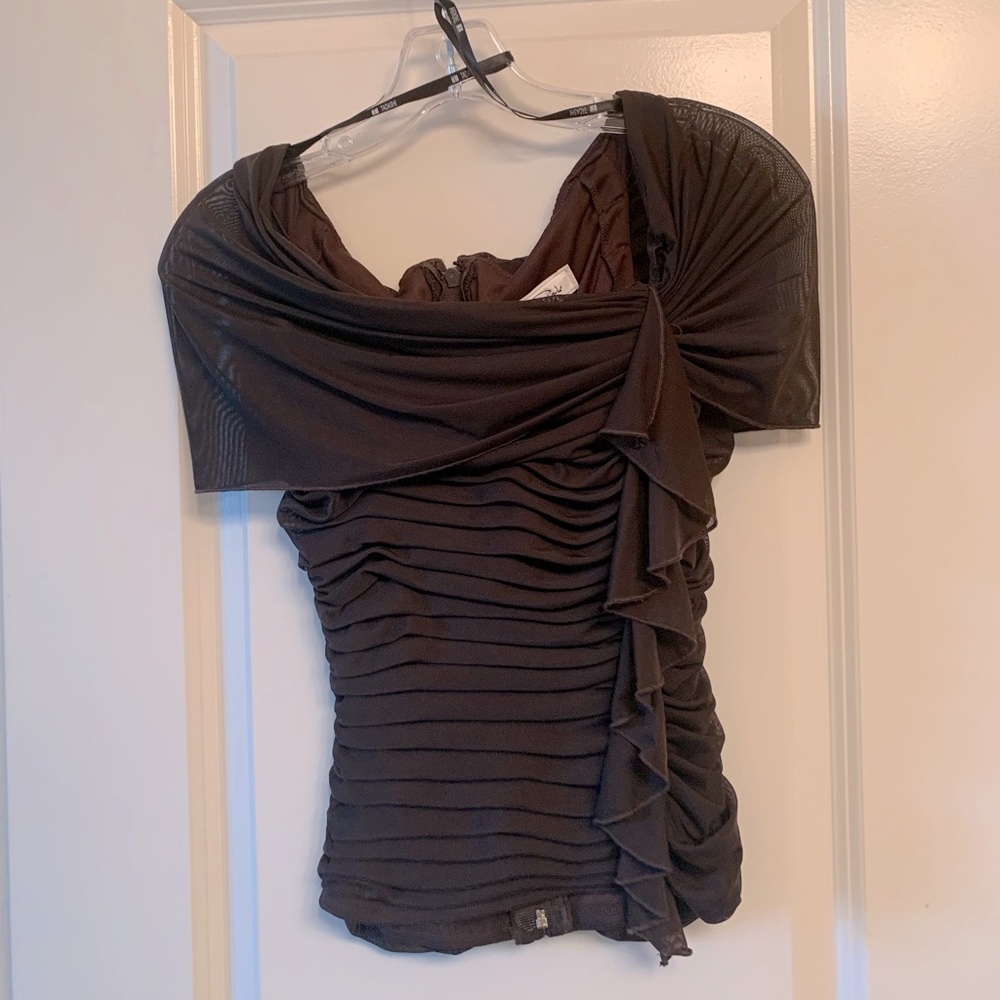 Womens Chocolate Brown Ruffle Sleeveless Top | Size XS
